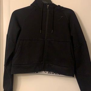 Black gym shark cropped zip up hoodie